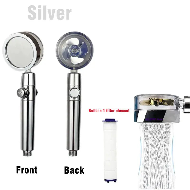 Simples Market 360° Rotation Turbo Shower Head in silver chrome with built-in filter element and high‑pressure spray