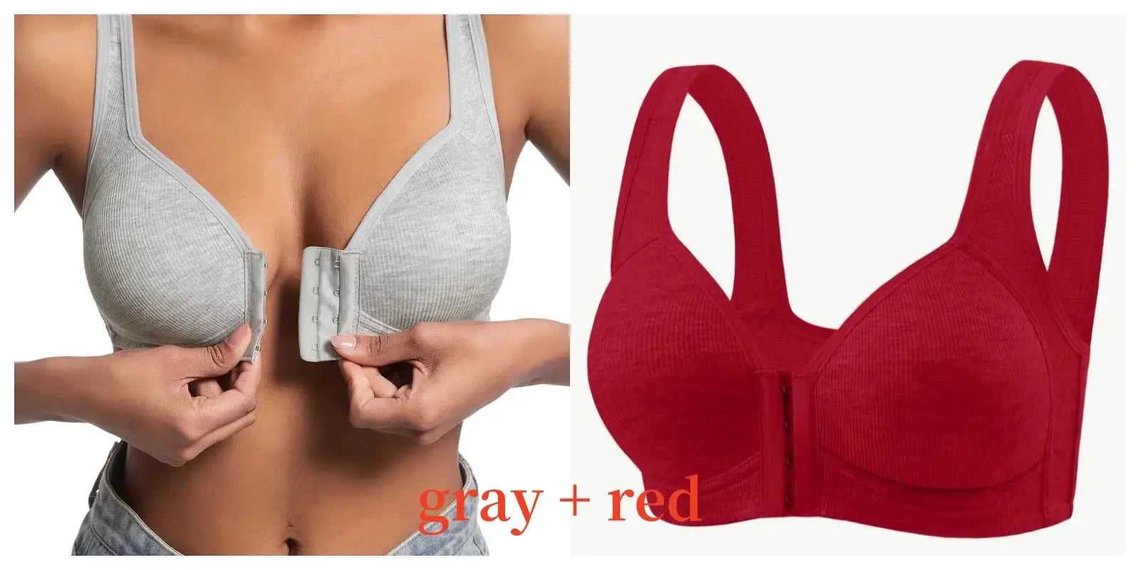 Simples Market women's wire-free front-closure bras in gray and red, full-coverage (2).