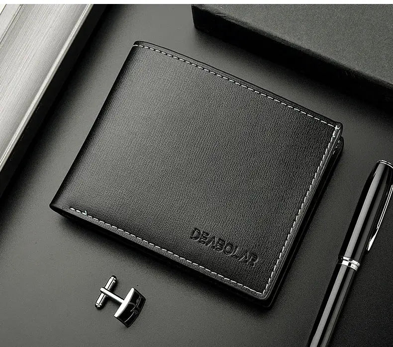 Black PU leather men's short slim wallet with white stitching