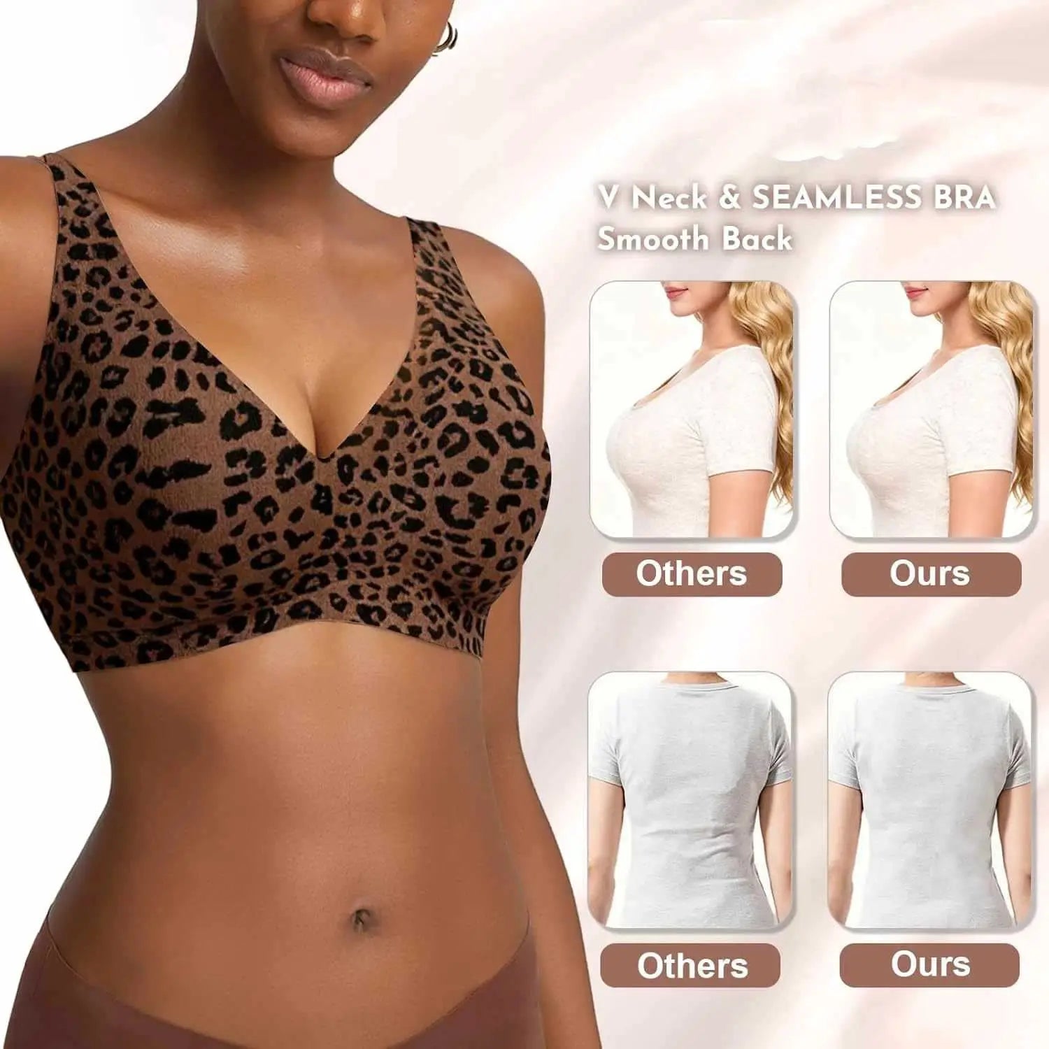 Simples Market women's leopard print wire-free seamless bra with full cups, soft support.