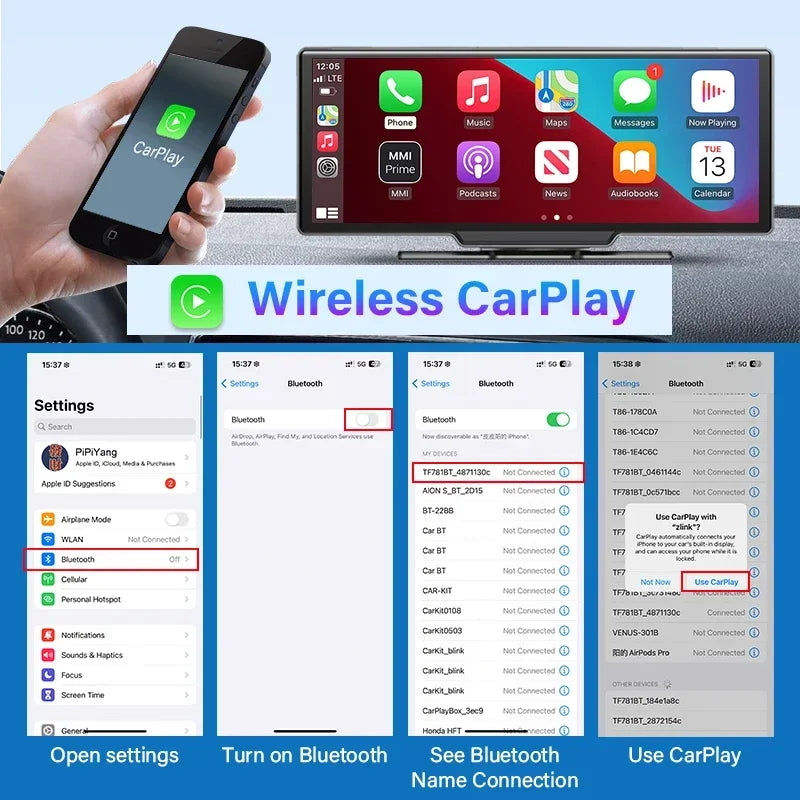10.26 Inch Dash Cam Mirror 4K Player Wireless CarPlay Android Auto GPS