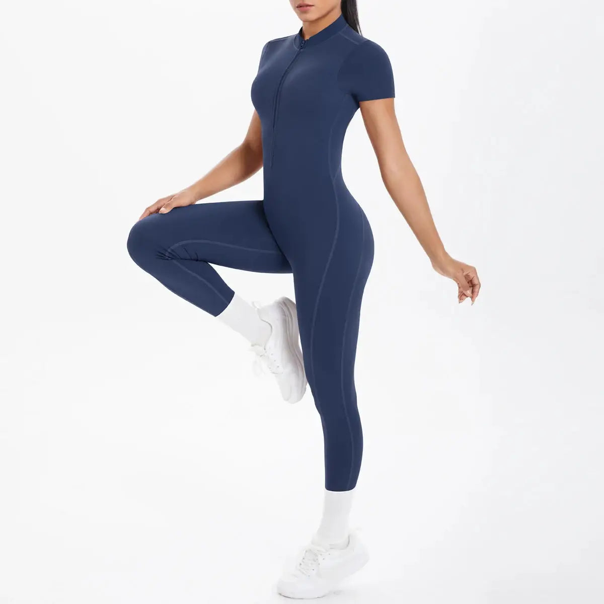 Short-sleeve fitness jumpsuit navy blue with front half-zip scrunch bodysuit