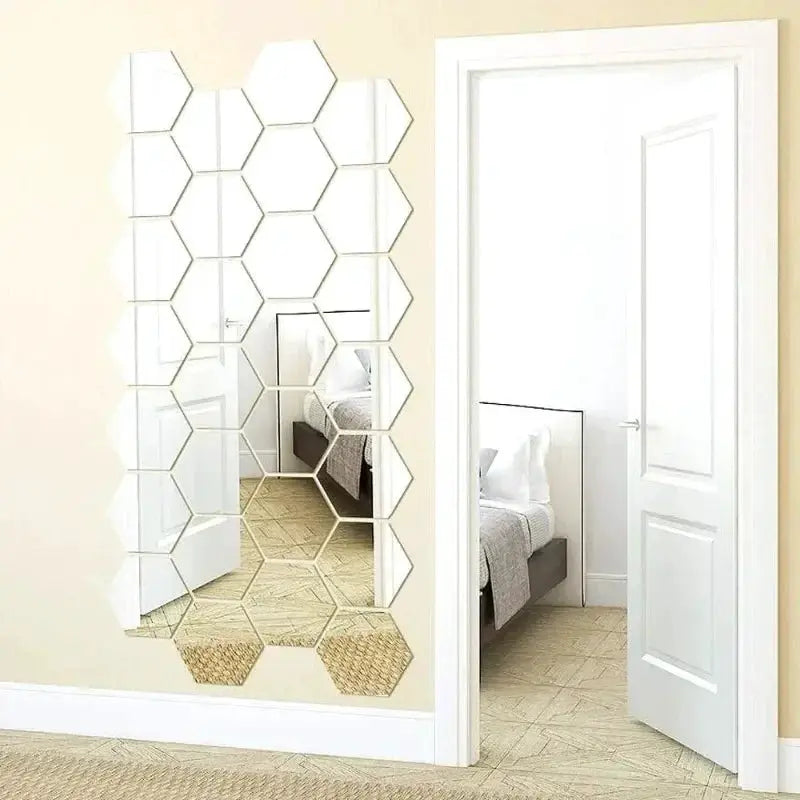 Hexagon acrylic mirror wall sticker set; silver mosaic tiles, removable, 5pcs by Simples Market