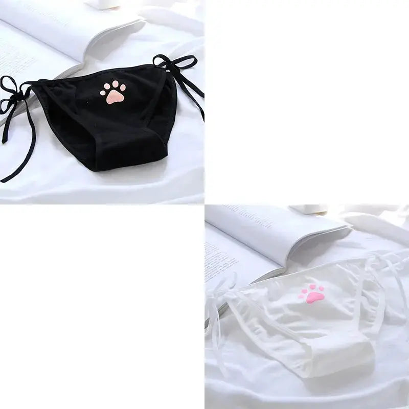 Panties 2-piece set: sexy bandage lolita low-waist briefs in black and white with pink paw print and side tie cords