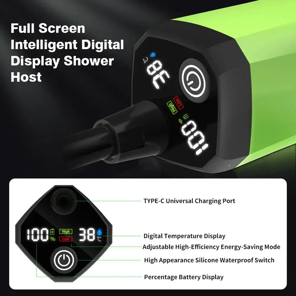 Simples Market camping shower pump with full-screen digital display, black housing, 6000mAh battery