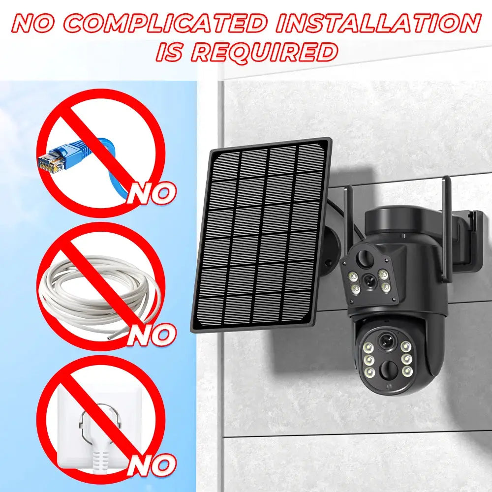 Outdoor solar-powered wireless security camera, 8MP 4K HD, with built-in battery and solar panel; no wiring required.