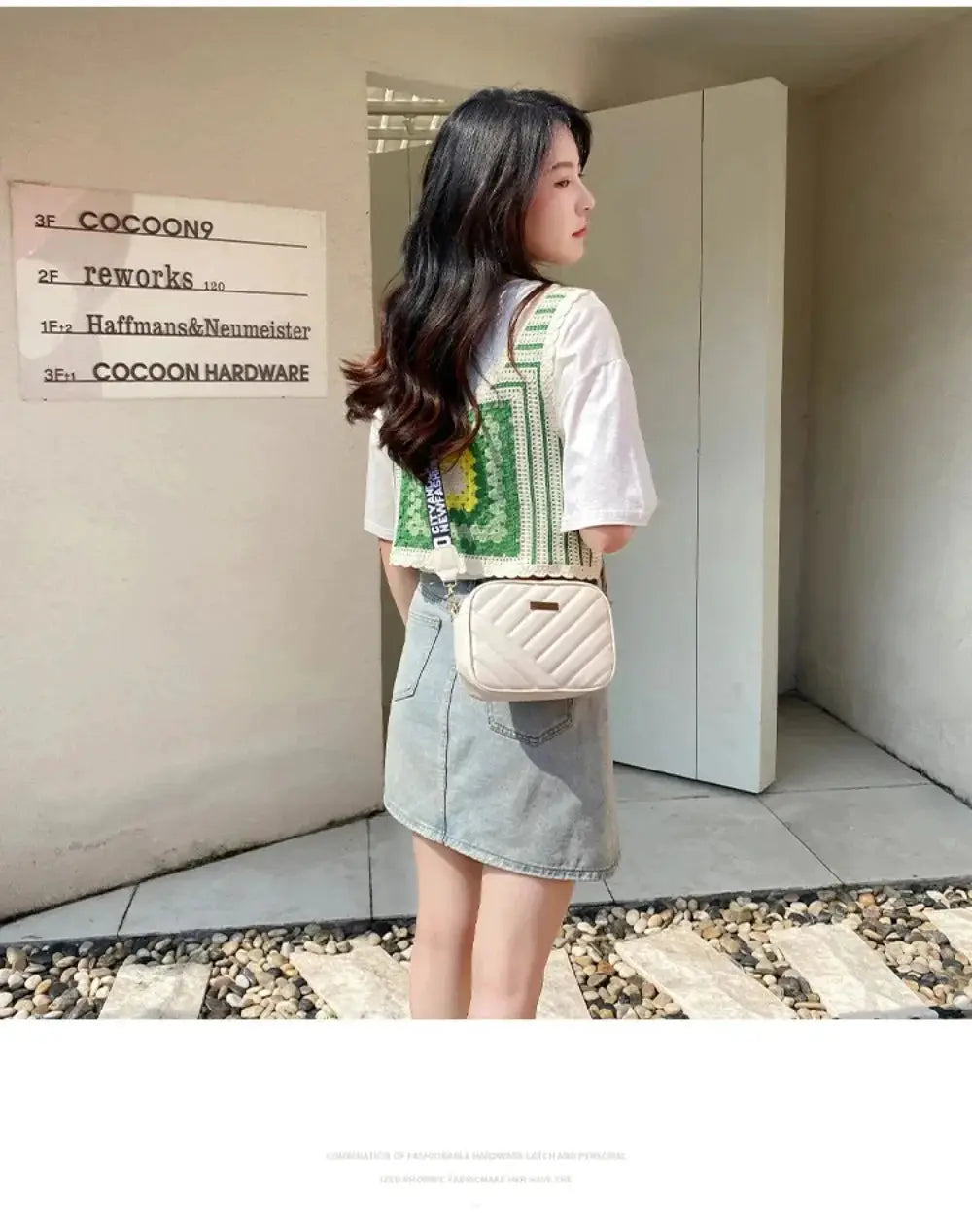 Shoulder bag in cream quilted PU with crossbody strap