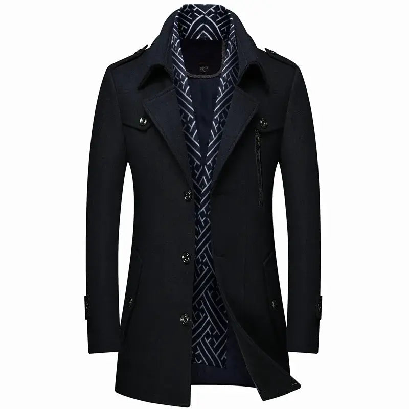 Men's black mid-length wool coat, trench-style with geometric patterned lining