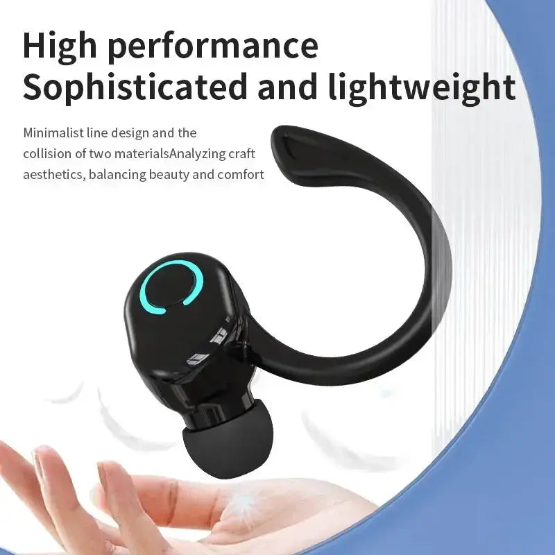 Bluetooth 5.2 wireless ear-hook headset, black with cyan ring, mic-equipped earbud