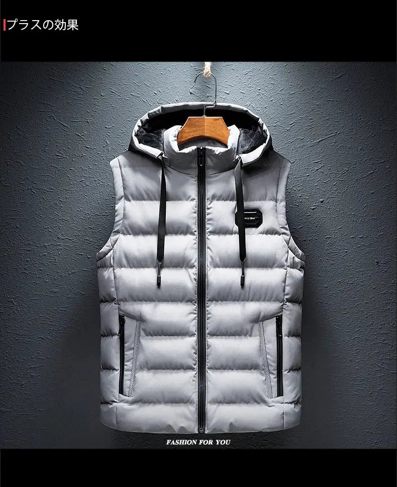 Simples Market hooded men's puffer vest jacket in light gray with zip front and drawstrings