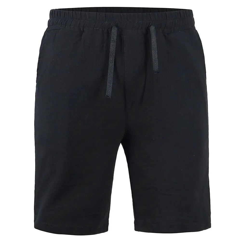 Men's cotton-linen shorts, black with drawstring waist, breathable solid-color shorts
