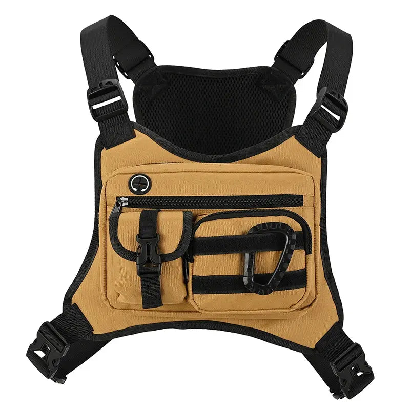 Simples Market tan tactical chest bag with multiple front pockets, buckles, and MOLLE straps