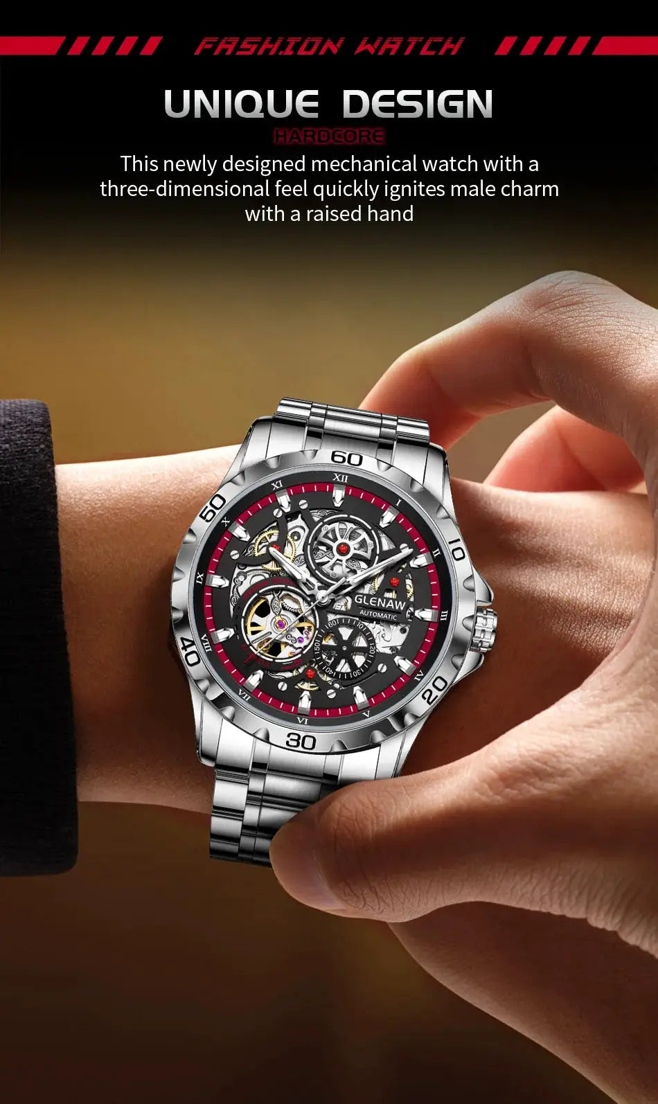 GLENAW skeleton automatic men's watch with stainless steel strap and red-ring dial