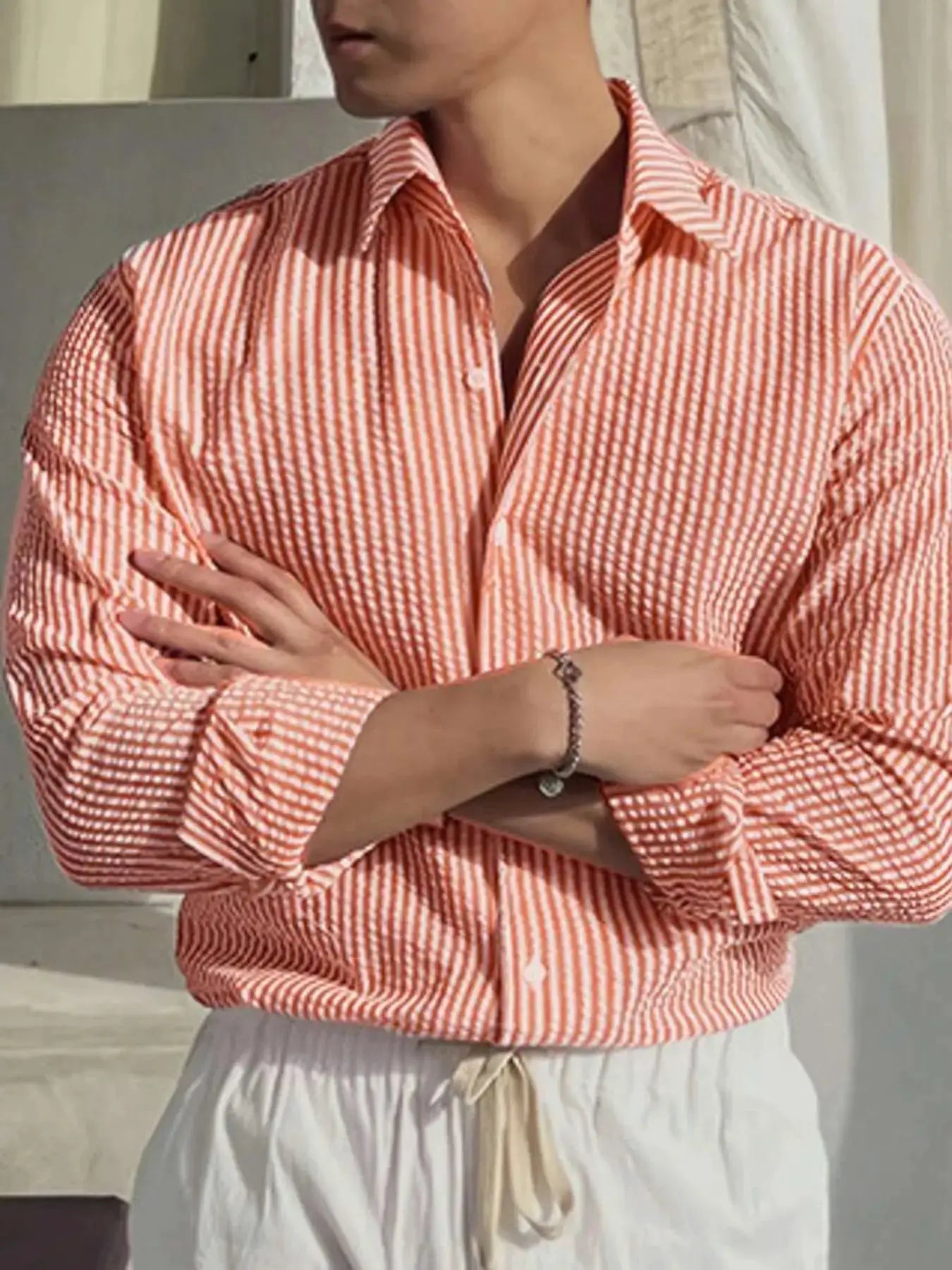 Men's orange and white striped long-sleeve shirt, loose fit, casual outdoor wear, Simples Market