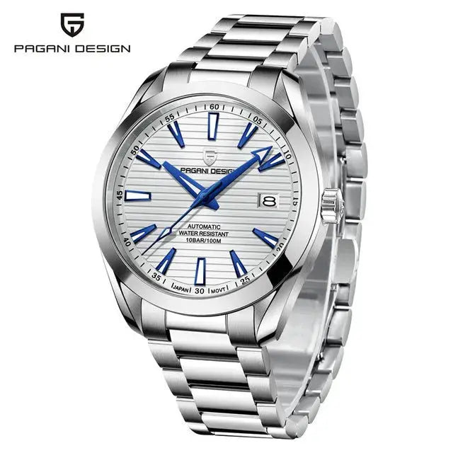 Pagani Design A150 40mm men's stainless steel automatic watch with blue hands, markers, date, sapphire glass, 100m water resistant