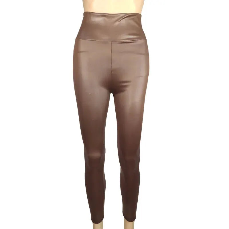 Simples Market high-waist faux leather leggings, brown, full-length pants