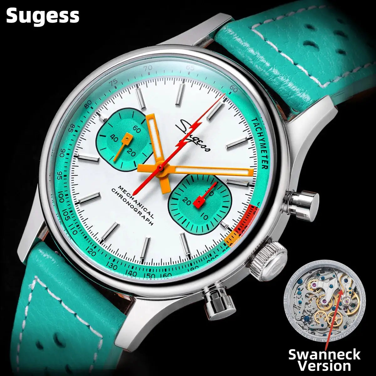 Sugess chronograph watch for men with turquoise strap, white dial, teal subdials, sapphire crystal