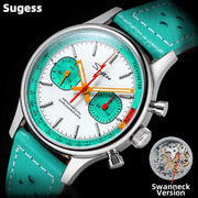 Sugess chronograph watch for men with turquoise strap, white dial, teal subdials, sapphire crystal