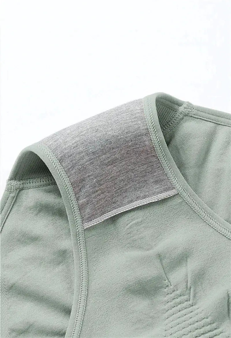 High-waist shaping panty for women in sage green with gray breathable panel.