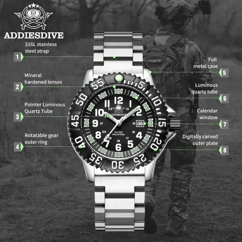 Addiesdive men's stainless steel diver watch with black dial, luminous markers, calendar window.