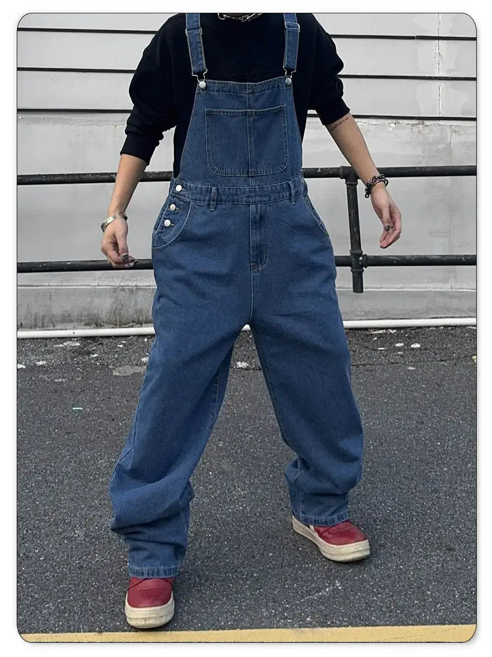Men's denim overalls with suspenders, baggy mid-waist jumpsuit in washed blue
