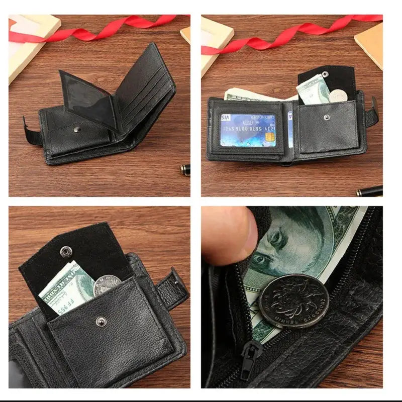 Men's slim black leather bifold wallet with ID window and coin pouch from Simples Market