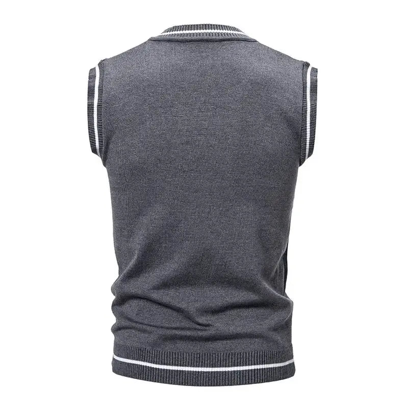 Gray knit sleeveless vest back view with ribbed hem and white trim