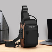 Men's anti-theft chest bag crossbody with black/brown panels, front pocket labeled FASHION, adjustable strap