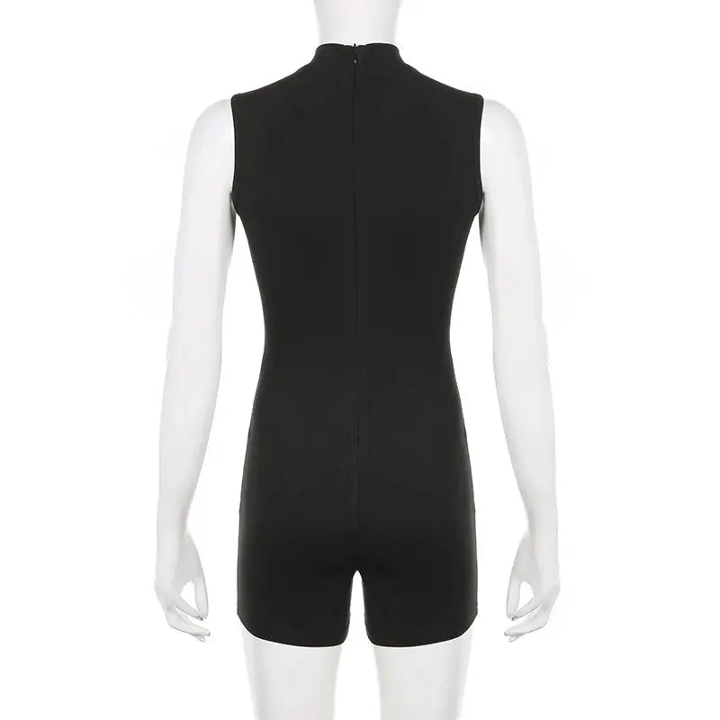 Women's black sleeveless romper with center back invisible zipper