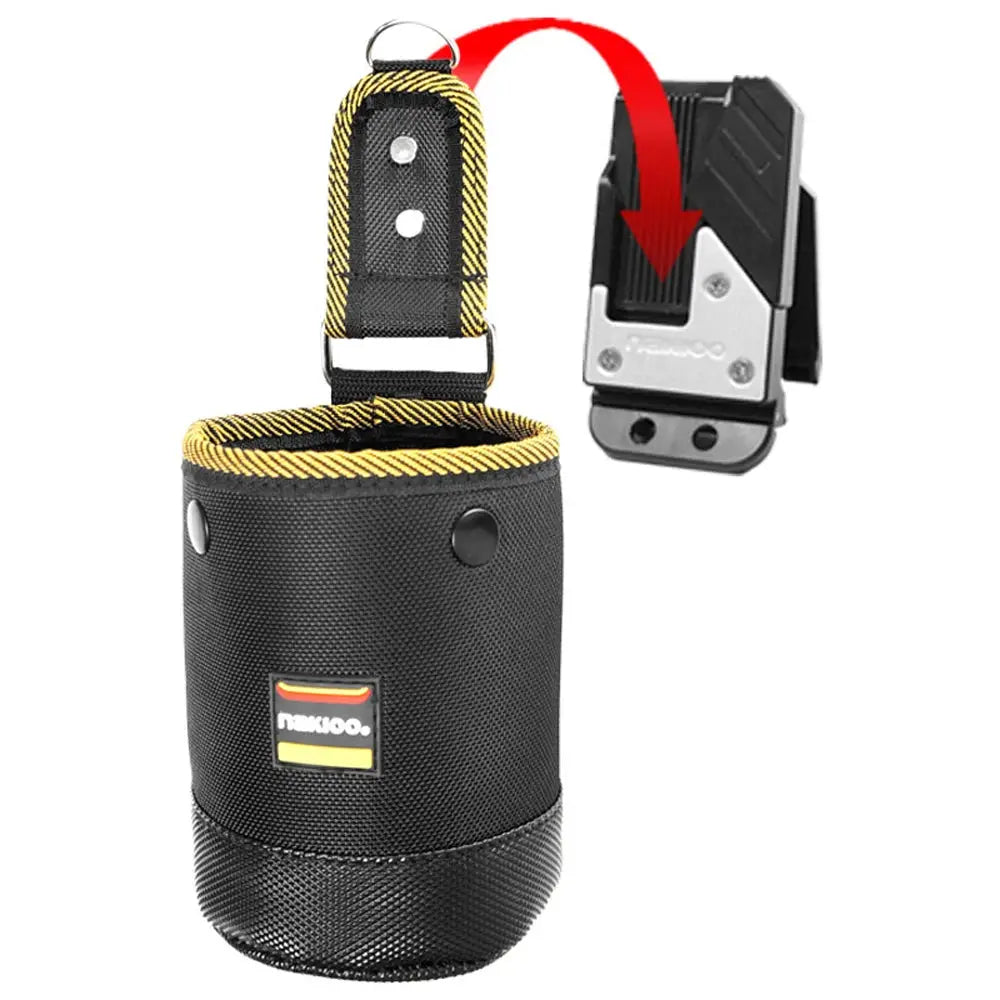 Simples Market tool bag, 1680D black cylindrical nail tool organizer with yellow trim and rotatable hanging strap