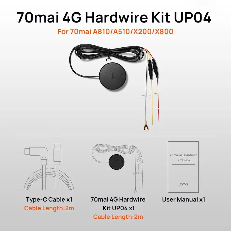 70mai 4G Hardwire Kit UP04, black circular module with 2m Type-C cable and user manual
