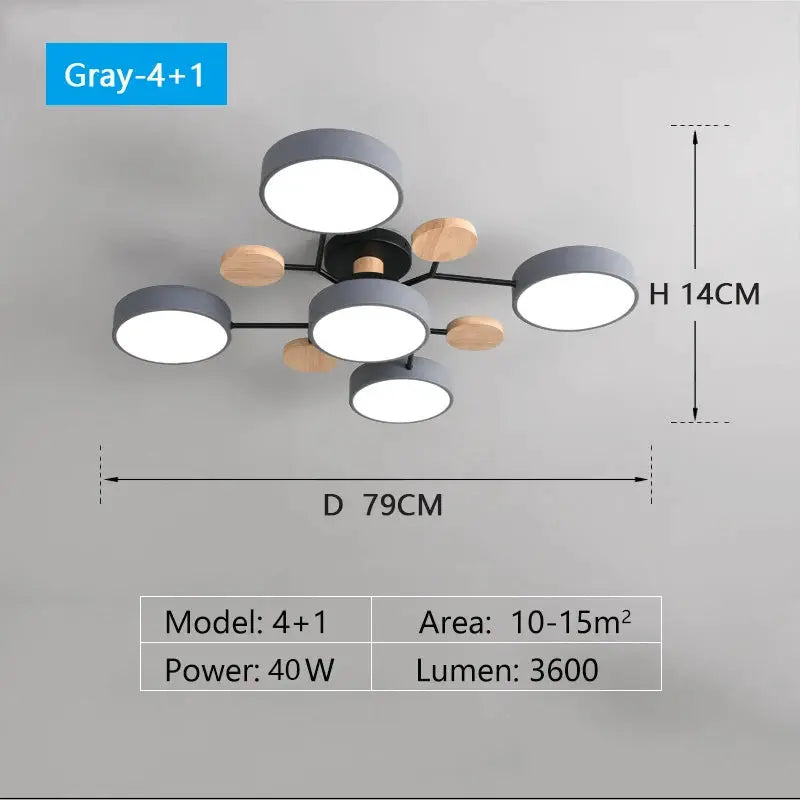 Modern LED chandelier by Simples Market; gray and wood ceiling lamp with 4+1 lights, 79cm diameter, 14cm height.