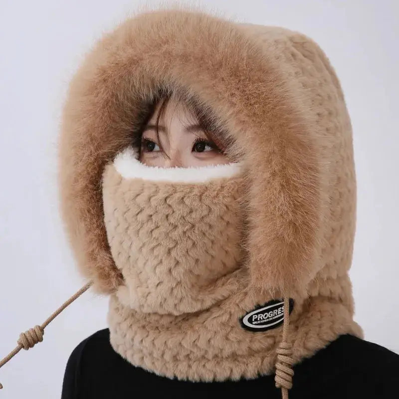 ArcticGuard Thermal Plush Hat Hood Scarf Mask Women Windproof Thick Design Outdoor Riding Gear