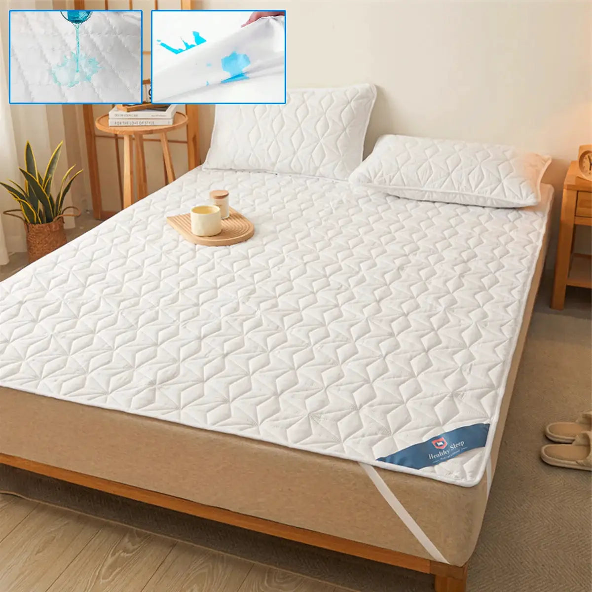 Waterproof Mattress Protector by Simples Market; quilted, breathable, noiseless with 4 elastic corner straps fits 40 cm.