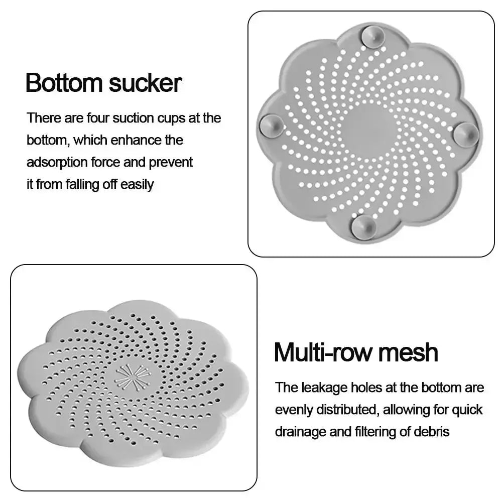 Silicone flower-shaped drain cover by Simples Market, gray with suction cups for hair-catching filtration