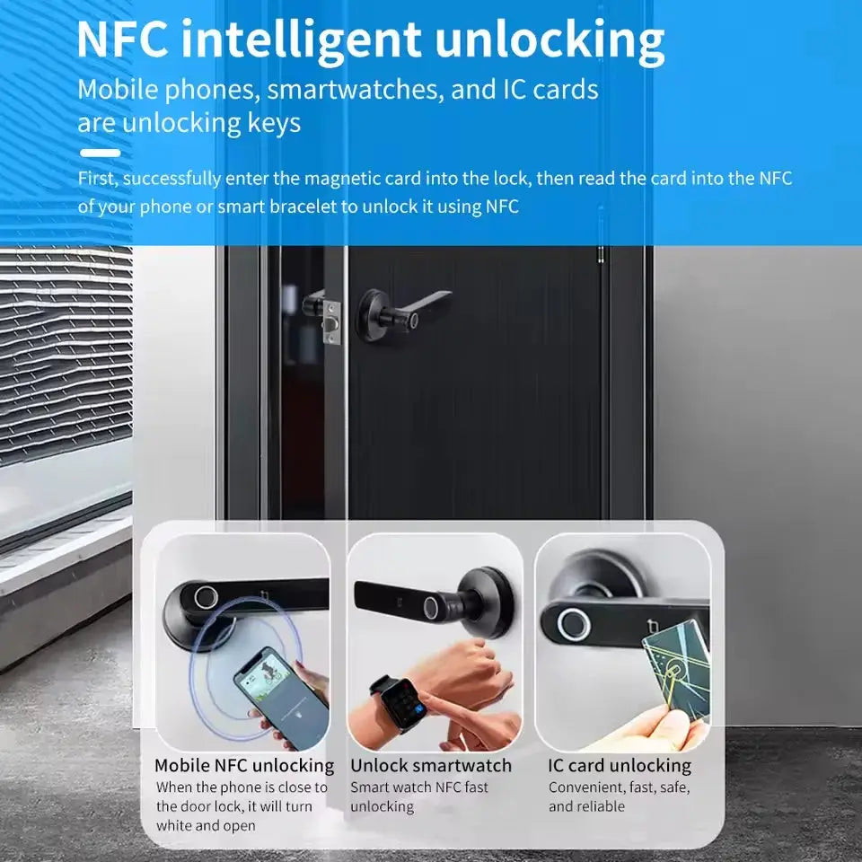 Simples Market NFC smart door lock for wooden doors, black finish, Tuya app compatible; NFC, smartwatch, IC card unlock.