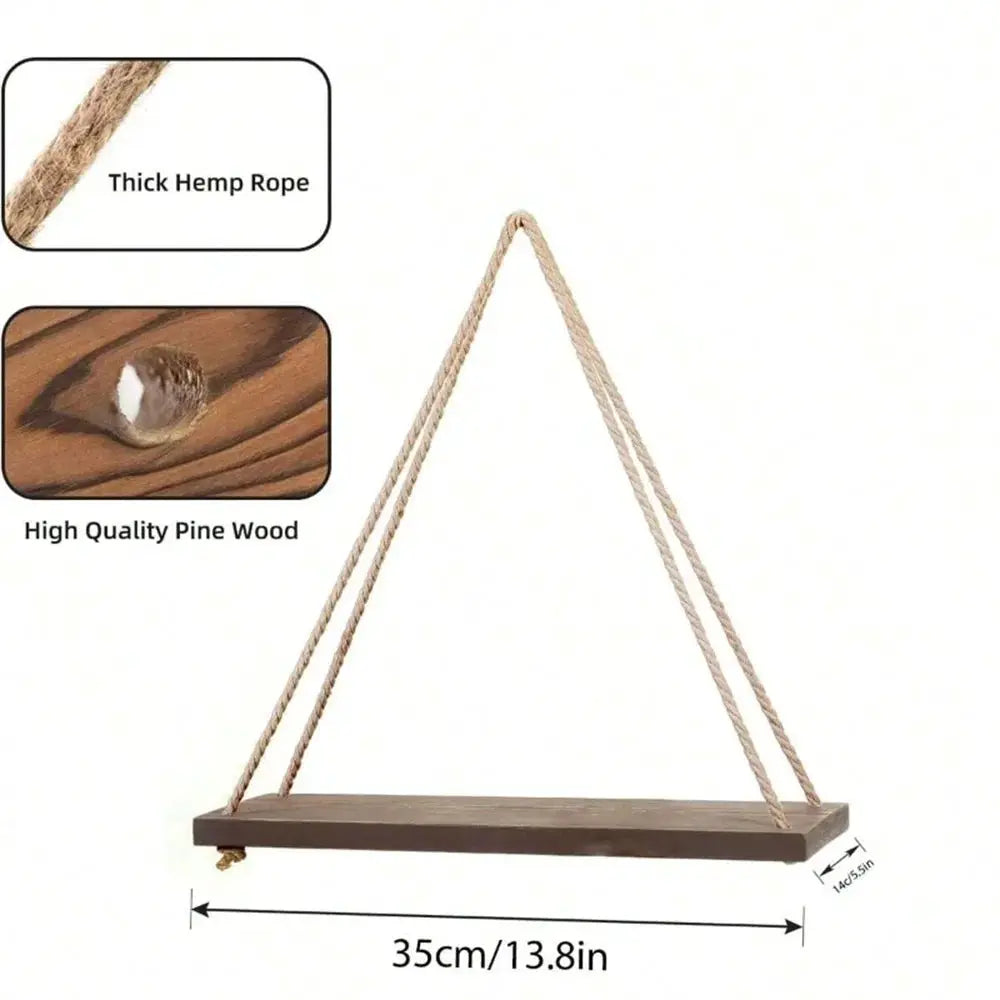 Wood hanging shelf with thick hemp rope and pine wood plank, 35 cm long for wall mounting