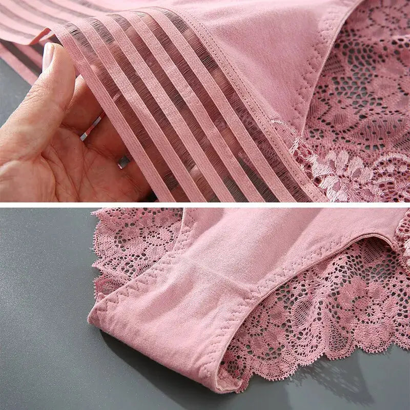 Pink lace panties for women; breathable fabric with scalloped lace trim