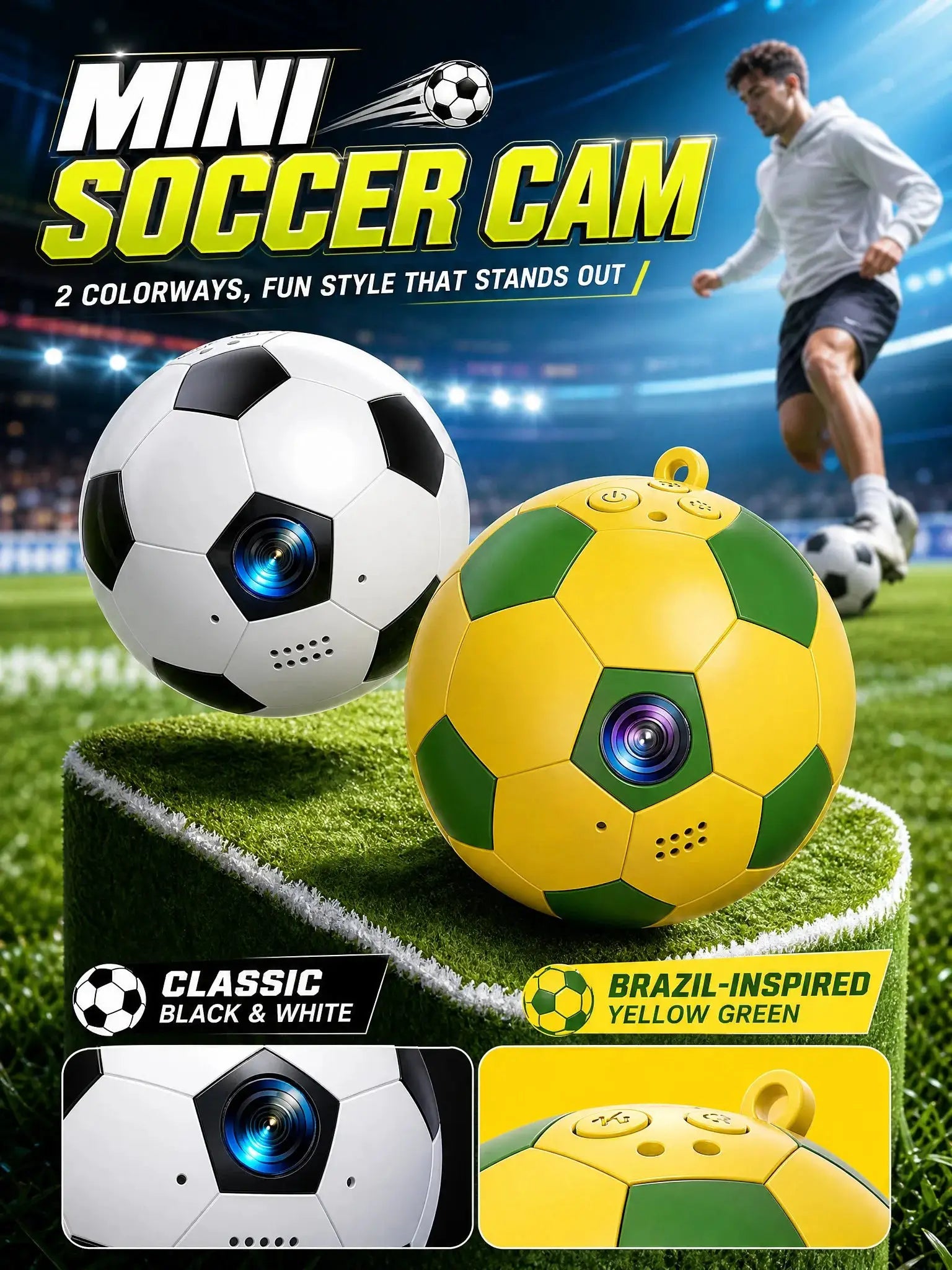 Desk mobile phone holder stand concept on soccer-themed package with black-and-white and yellow-green soccer balls