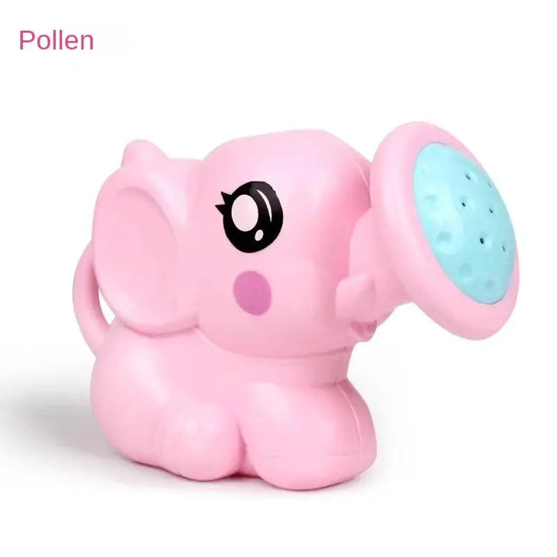 Pink elephant bath toy, plastic watering kettle with blue sprinkler head