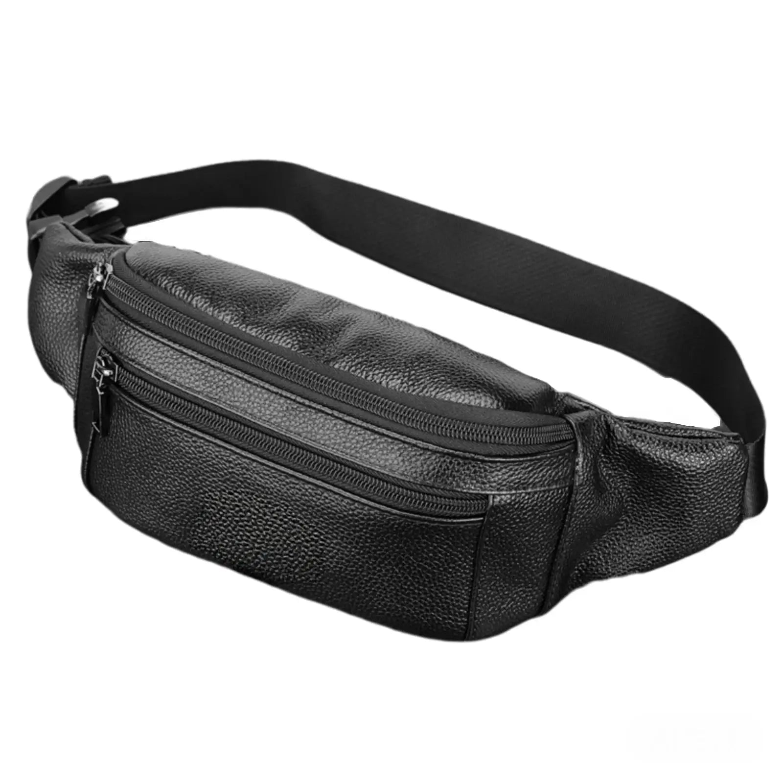 Men's black genuine leather crossbody chest bag with two zip pockets and a wide strap