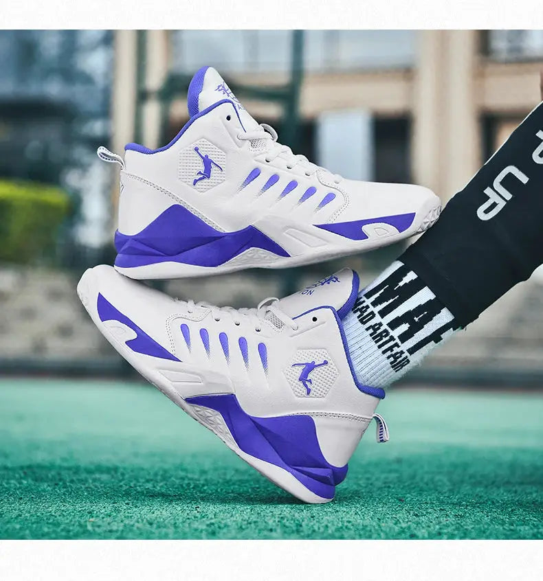 Men's white and purple sneakers, pair, breathable trainer-style athletic shoes.