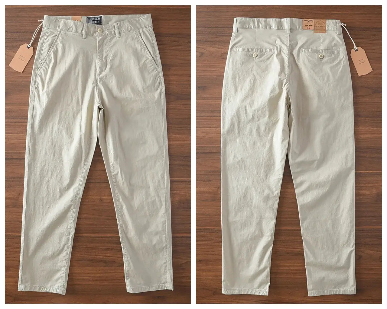 Chinos by Simples Market; light beige 97% cotton, slim straight casual trousers, front and back views