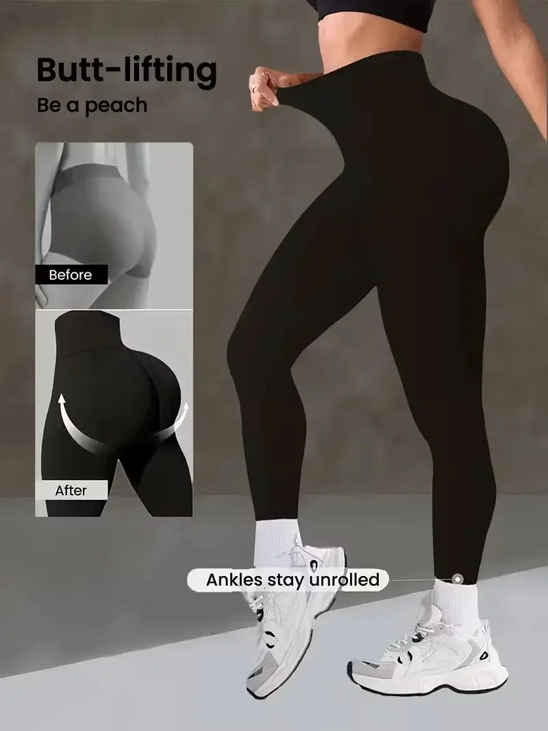 Women's high waist yoga leggings with butt-lifting wide waistband, black.
