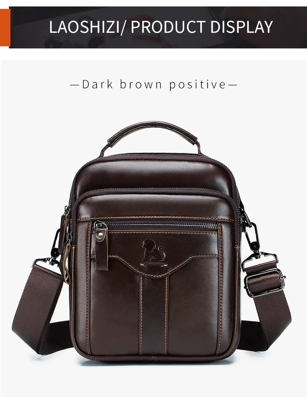 Men's crossbody bag in dark brown cowhide leather by Simples Market with front zip pocket and top handle