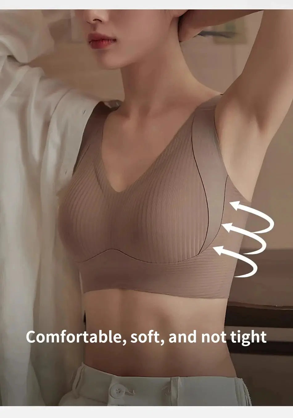 Simples Market women's seamless wireless bra, beige ribbed knit, soft pull-up support.