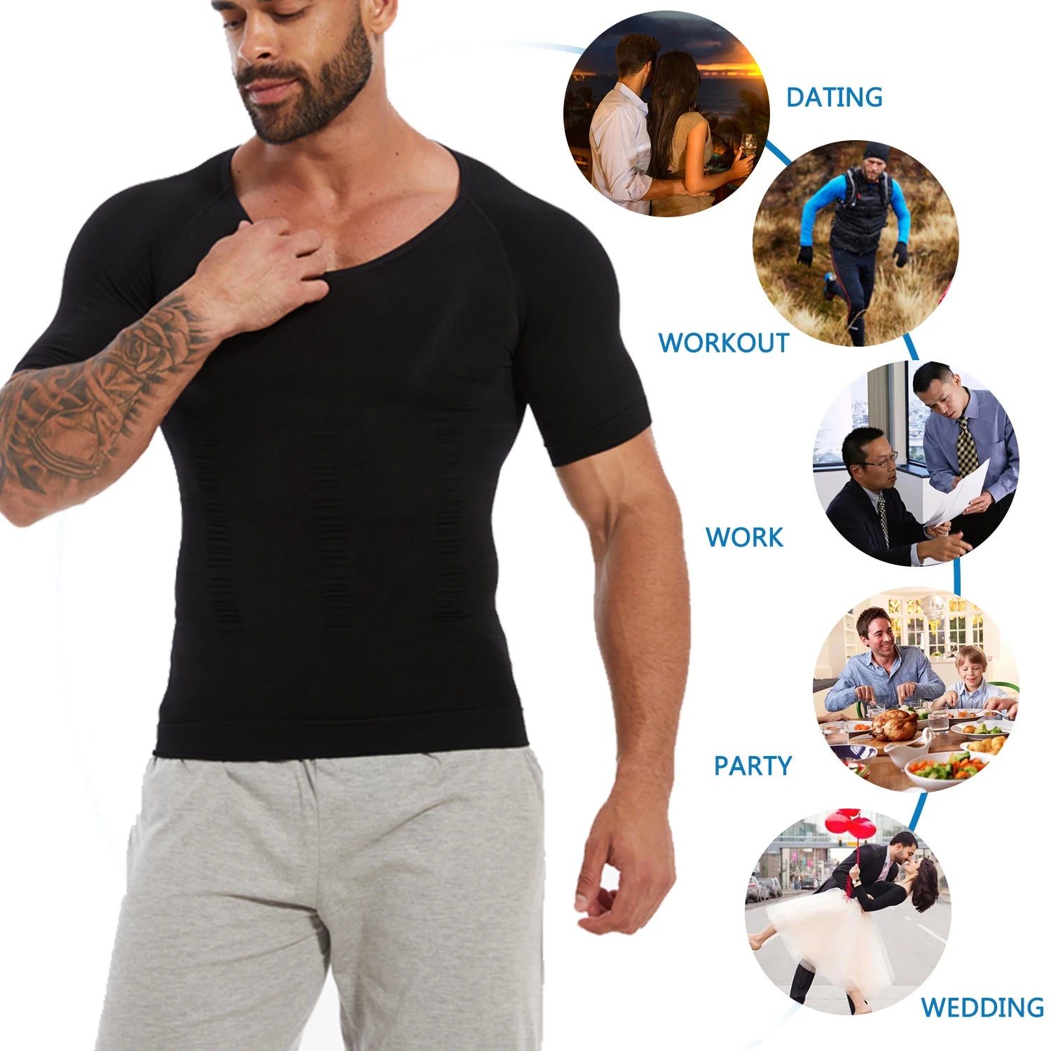 Simples Market men's black short-sleeve compression T-shirt with V-neck, tummy control body shaper