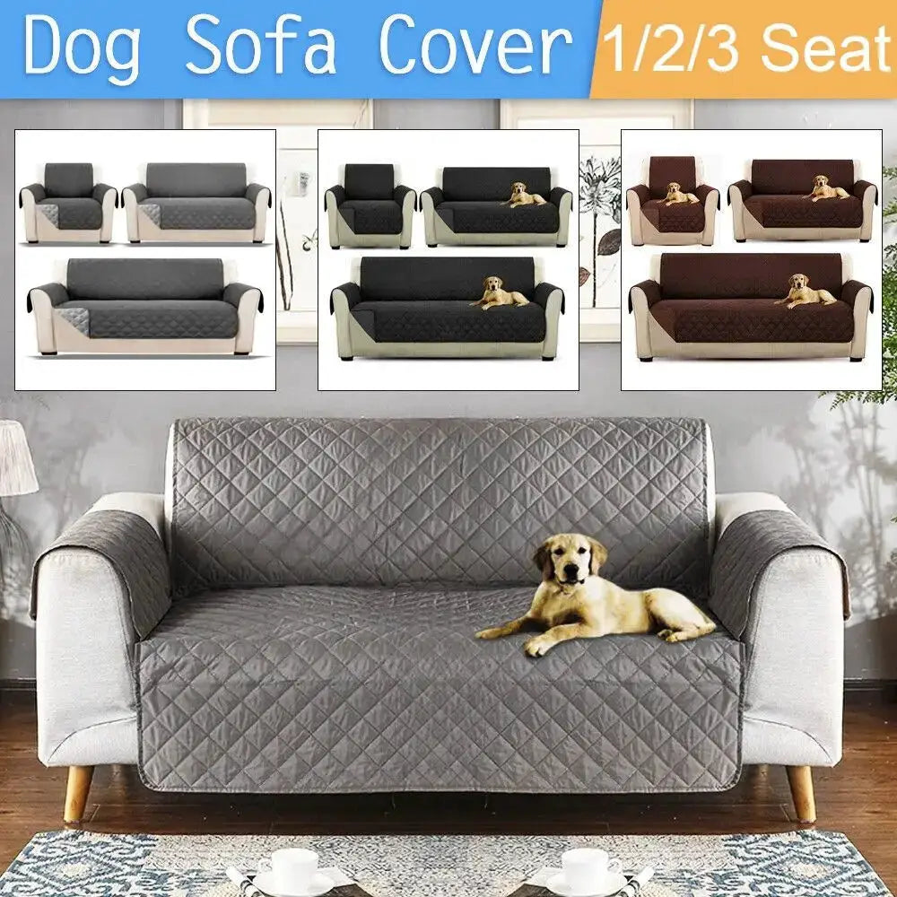 Simples Market waterproof quilted sofa cover for 1/2/3 seater; grey anti-wear slipcover with dog; 4 color options.