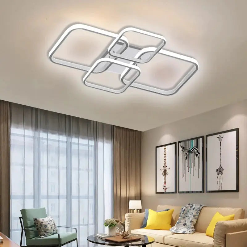 Modern LED ceiling light fixture with four square white frames and integrated LEDs, Simples Market.