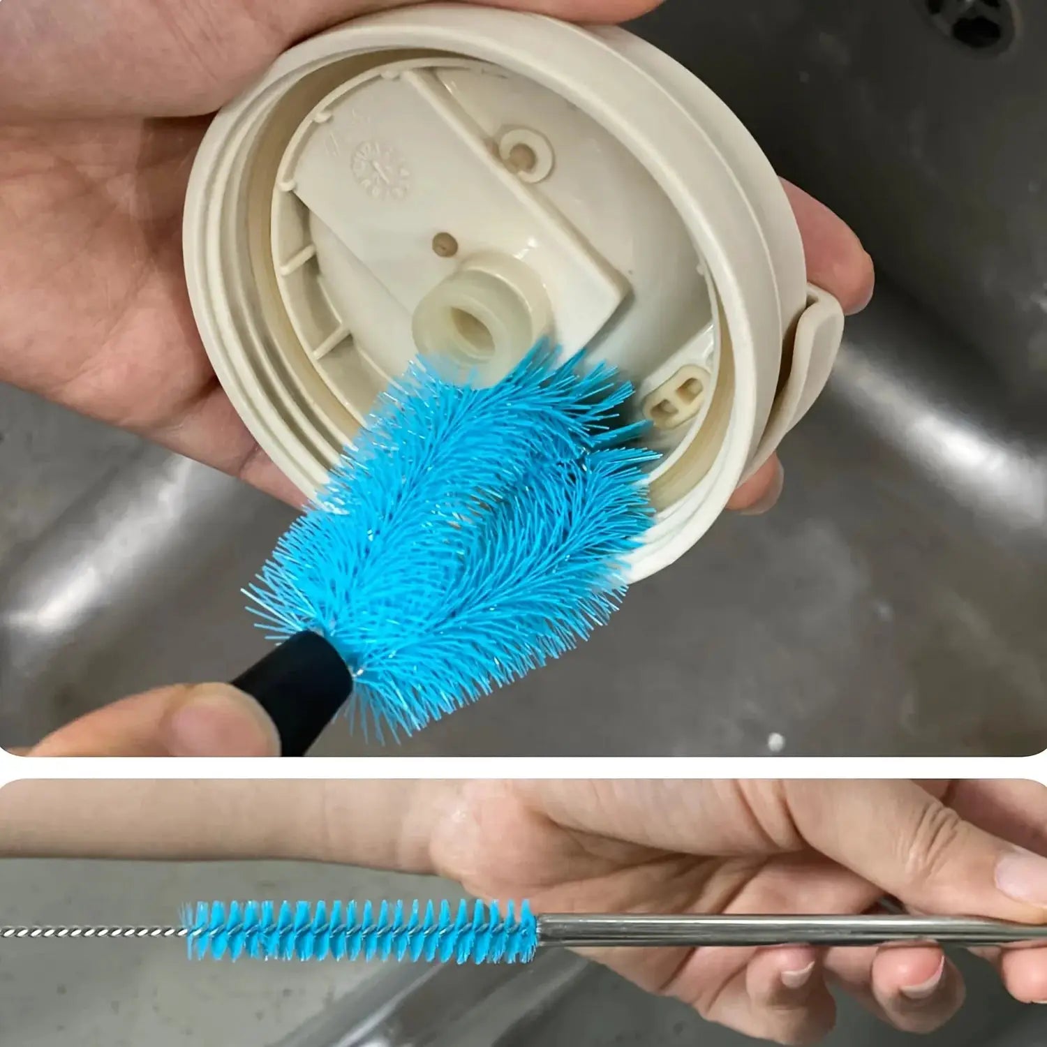 3-in-1 stainless steel water bottle brush set with long handle and blue bristles, shown with bottle lid attachment